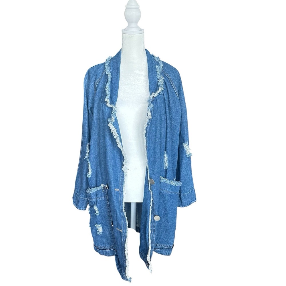Miguo Distressed Denim Longline Coat Fringe Trim Y2K Grunge Oversized Jacket
